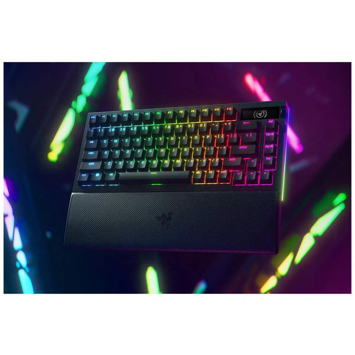 Razer BlackWidow V4 Pro 75% - Tastiera da gioco wireless sostituibile a caldo - Display OLED (ghiera dei comandi, 4K Hz e connettività Bluetooth, poggiapolsi magnetico) Layout US ISO | Nero