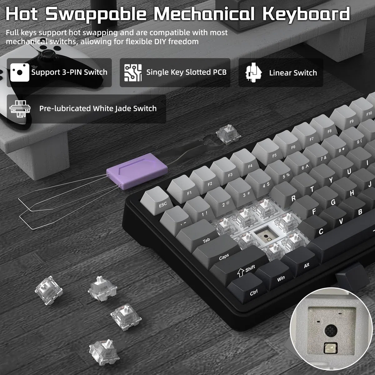 ATTACK SHARK X85 Guarnizione Tastiera meccanica con manopola, Tastiera da gioco wireless al 75% con imbottitura a cinque strati, BT5.0/2.4G/USB-C,RGB, sostituibile a caldo, Copritasti PBT (Nero)