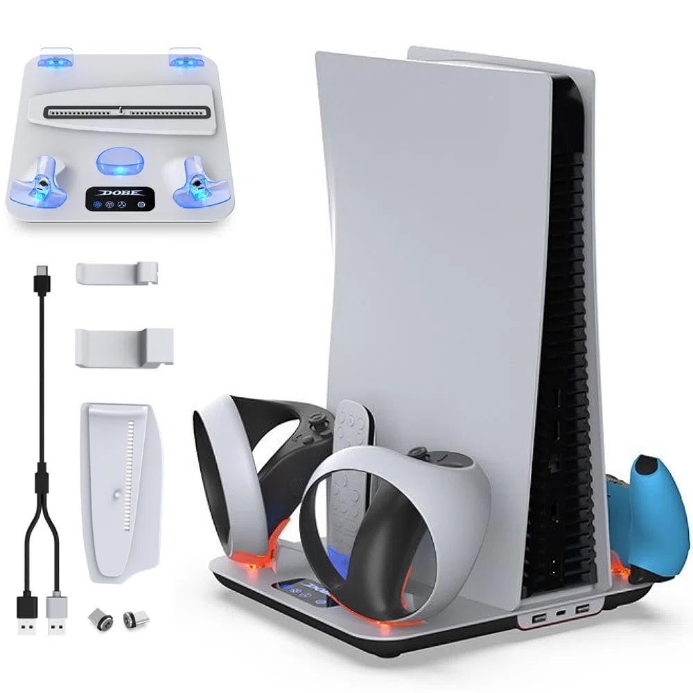 BeisDirect PS5 Stand Ventola di Raffreddamento per PS5 Slim/PS5 Console, Dual Controller Charging Dock Station per PSVR 2 & PS5, Supporto verticale multifunzionale con caricatore controller per PS5 VR