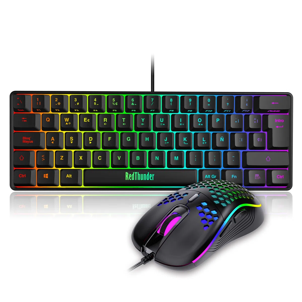 RedThunder K62 - Tastiera e mouse da gaming RGB 60% in lingua spagnola, mini tastiera ultra compatta retroilluminata ed ergonomica, mouse da gaming ottico 7200 dpi, compatibile con PC, PS5, Xbox (nero
