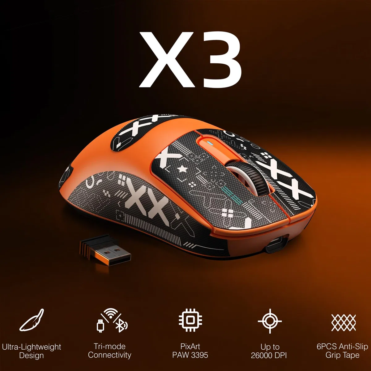 VGN GAMEPOWER ATTACK SHARK X3 SUPERLIGHT Mouse Gaming Wireless, 49g Ultraleggero Mouse da Gioco, PixArt PAW3395, 26,000 DPI, 2.4G/BT5.0/Cablato, Mouse Grip Tape, Durata Batteria 200Hrs, Arancia