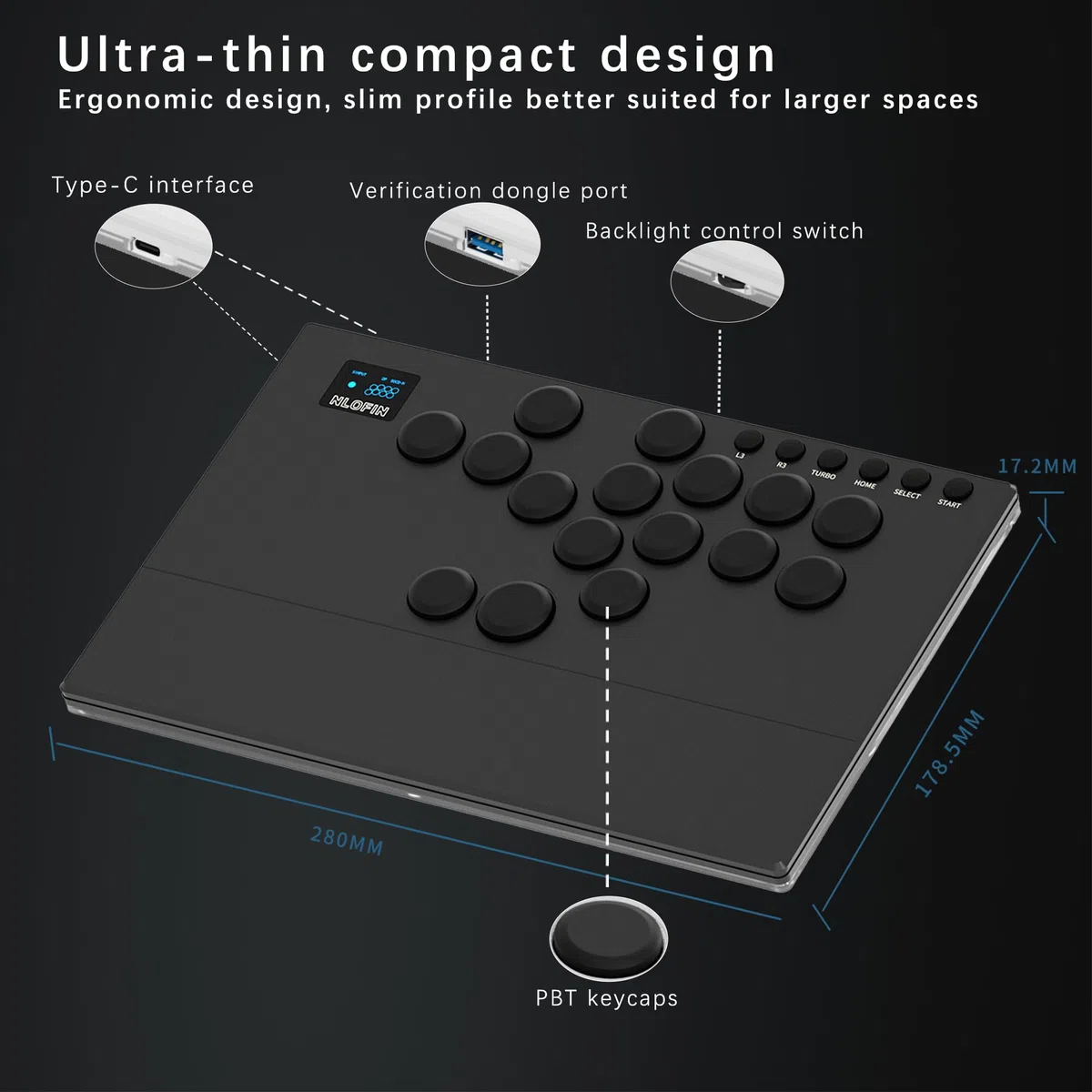 NLOFIN Leverless Arcade Stick 16Keys All-Button Leverless Controller (Nero)