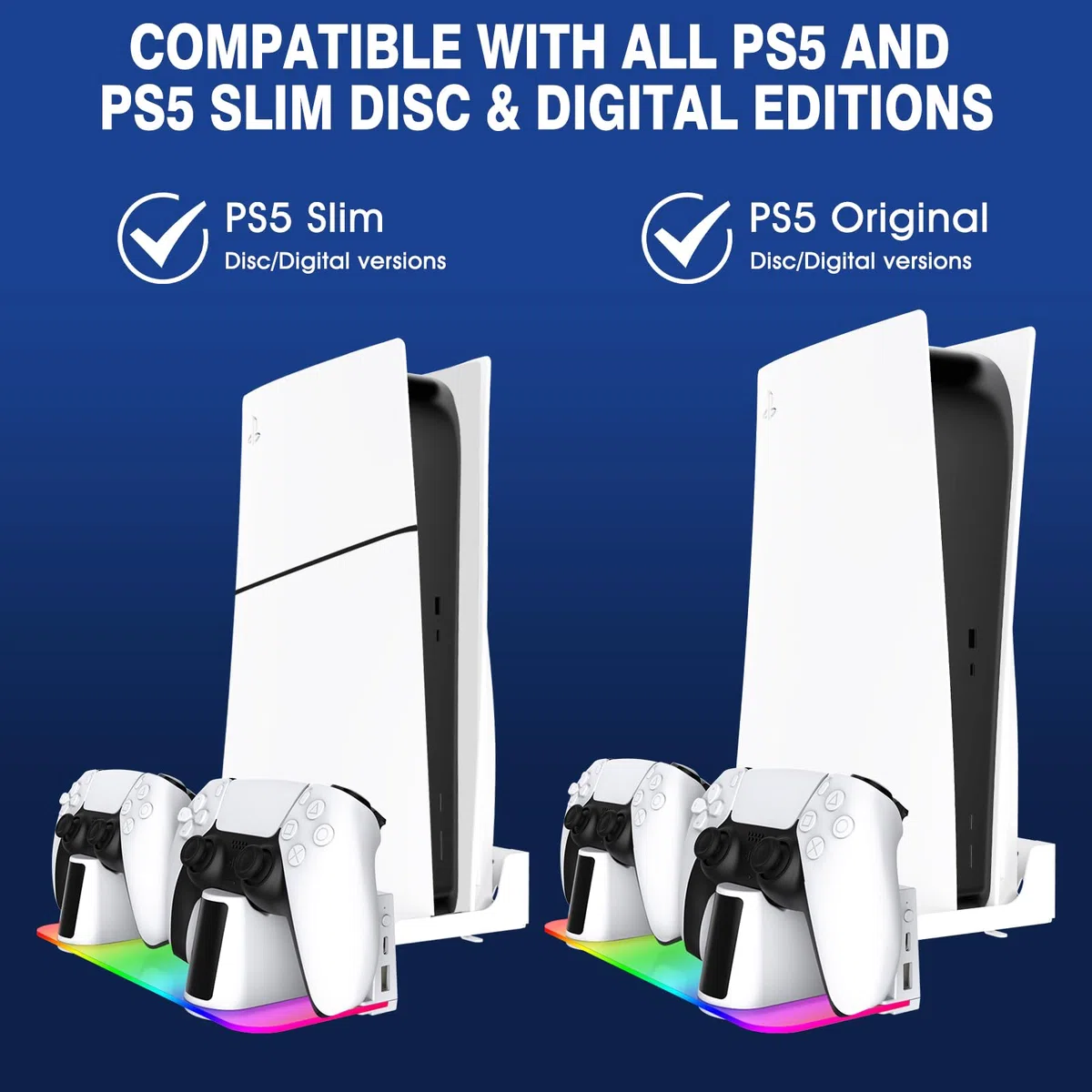 WAYCOM Kit di montaggio a parete PS5 con stazione di ricarica RGB LED per console PS5, PS5 Pro e PS5 Slim Console Disc & Digital, caricabatterie doppio controller veloce, supporto da parete in acciaio