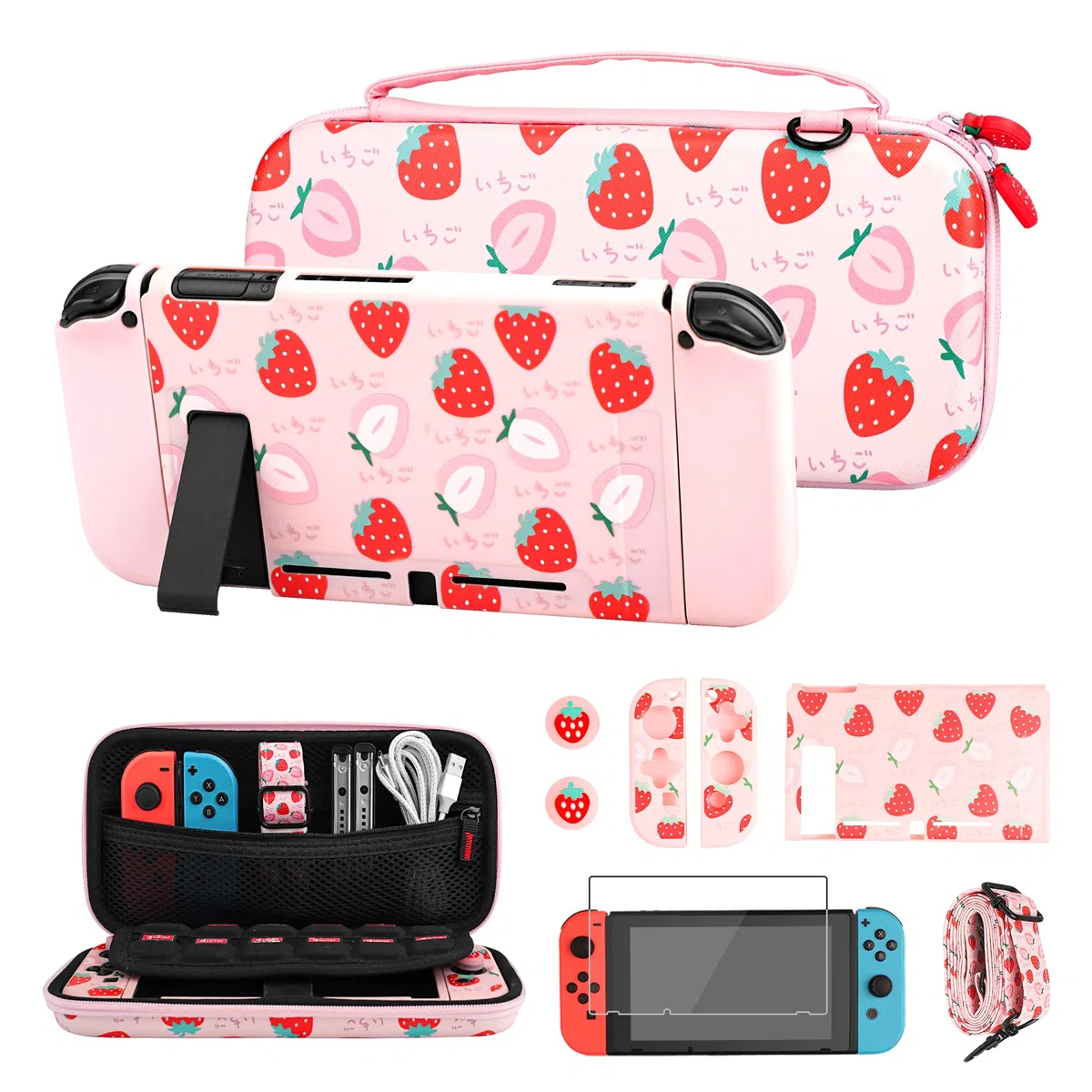 FUNDIARY Graziosa custodia per Nintendo Switch, borsa da viaggio per interruttore con custodia protettiva, protezione schermo, tracolla regolabile e 2 tappi per pollice fragola