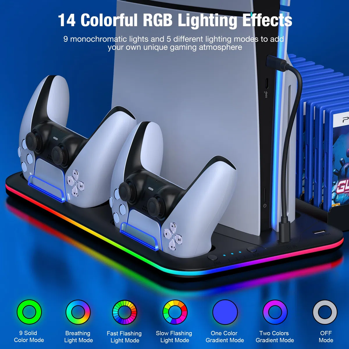 Enhance RGB LED PS5 Stand e stazione di raffreddamento con doppio controller di ricarica, 3 livelli regolabile PS5 Cooler, supporto per cuffie e slot di archiviazione