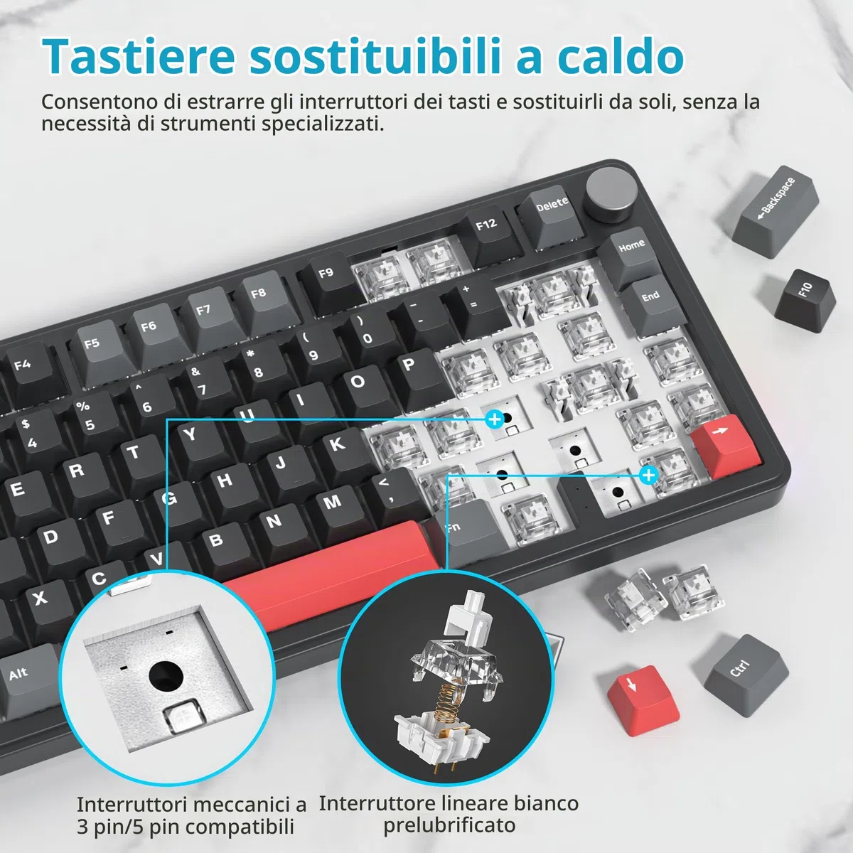 SOLIDEE tastiera gaming meccanica 75 percento con manopola,Bluetooth 5.0/2.4GHz/USB-C tastiera meccanica gasket,tastiera hot swappable South Facing Keycaps,RGB Retroilluminata per Win Mac(Shadow Red)