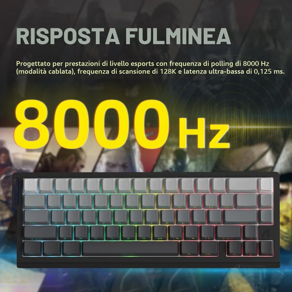 ATTACK SHARK 3 in 1 Tastiera senza fili X68PROHE e Mouse da Gioco X11, BT/2.4G/Cablato, Interruttore Magnetico a Grilletto Rapido da 8KHz, PixArt PAW3311, 22000DPI, Cavo a spirale C01PRO-Nero Sfumato