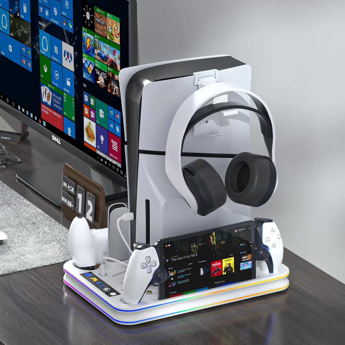 Supporto sottile e stazione di raffreddamento per PS5 con controller RGB LED stazione di ricarica per Playstation 5, controller PS5 caricabatterie per controller Dual Sense & Edge, accessori sottili