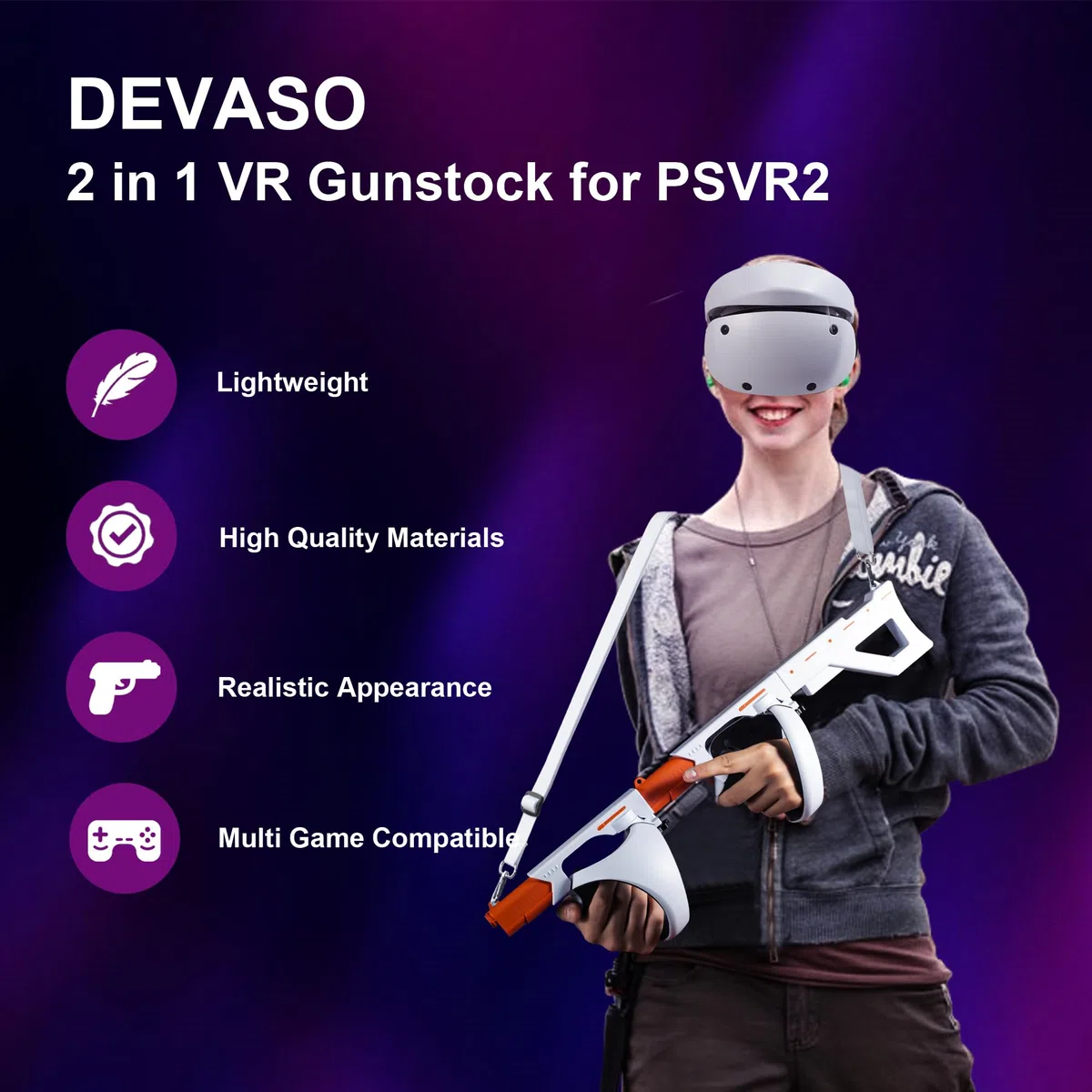 DEVASO Magnetic VR Gun Stock for PSVR2, 3-in-1 Changing VR Handle Accessories for Playstation VR2, Handle Attachment with Shoulder Straps for Enhance FPS Gaming Experience
