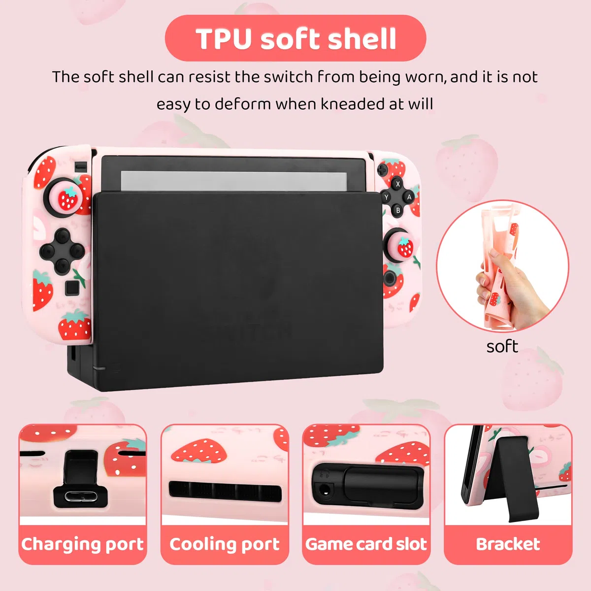 FUNDIARY Graziosa custodia per Nintendo Switch, borsa da viaggio per interruttore con custodia protettiva, protezione schermo, tracolla regolabile e 2 tappi per pollice fragola