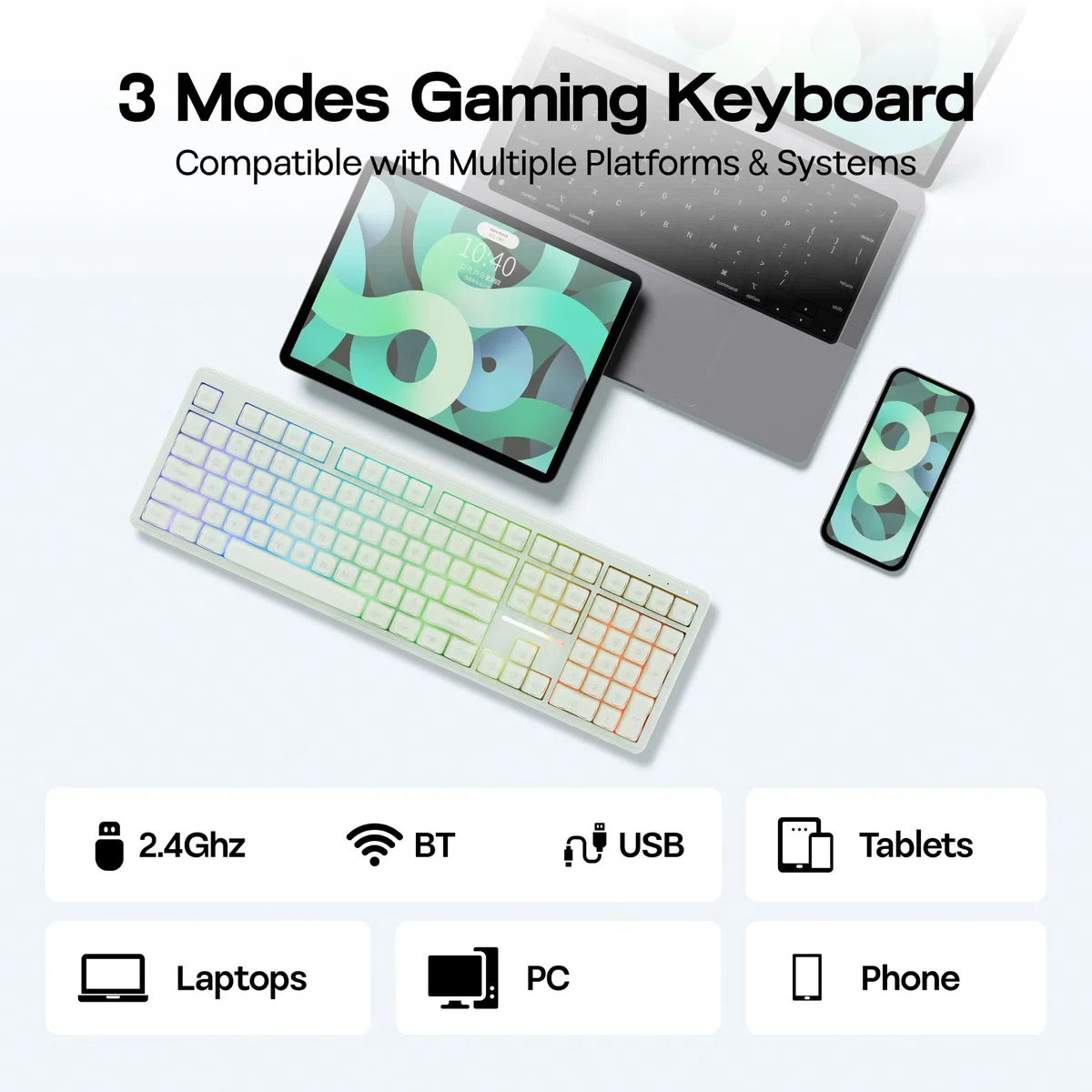 MechLands M108 tastiera full size 100% con tastierino, membrana morbida, wireless 3 modalità, batteria 5000mAh, tasti PBT, RGB, rollover 26 tasti. Compatibile Win/Mac, per gaming e ufficio (Verde)