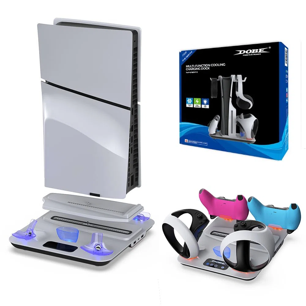 BeisDirect PS5 Stand Ventola di Raffreddamento per PS5 Slim/PS5 Console, Dual Controller Charging Dock Station per PSVR 2 & PS5, Supporto verticale multifunzionale con caricatore controller per PS5 VR