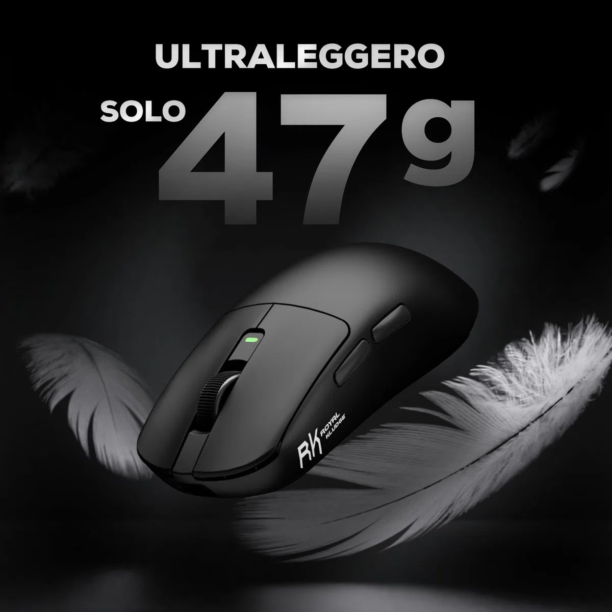 RK ROYAL KLUDGE M3 Mouse Gaming Wireless Ultraleggero 47g, Sensore PAW3950 42000 DPI, Mouse Wireless 8K BT/2.4G/USB, 5 Pulsanti Programmabili, Design Ergonomico, Batteria 650mAh per PC/Console, Nero