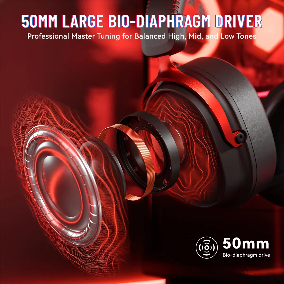 ATTACK SHARK L30PRO Casque Gamer Sans Fil, Surround 7.1, Pilotes Bio 50mm, Tri-Mode 2.4G/BT/Filaire, Micro Amovible ENC, pour PC/PS5/Switch, Batterie 84H - Nero/Rosso
