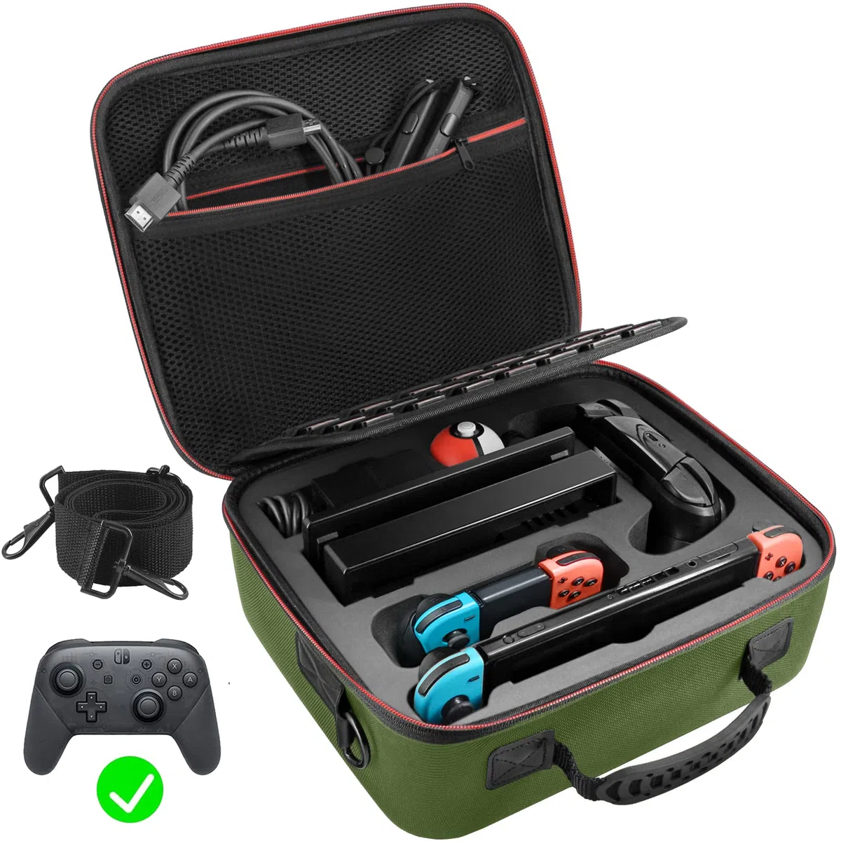VORI - Custodia per Nintendo Switch, custodia da viaggio, custodia rigida con tracolla per Nintendo Switch Console e accessori, Pro Controller, verde