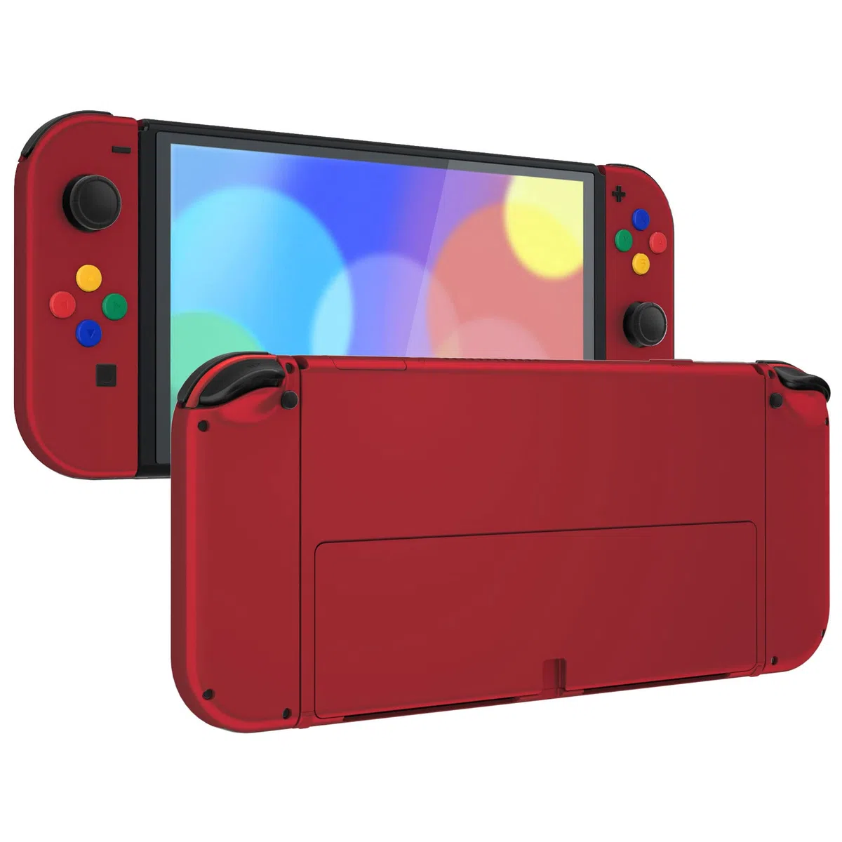 eXtremeRate Cover Pulsanti Tasti Ricambio per Nintendo Switch OLED Console Joycon,Custodia Posteriore Controller Scocca&Supporto Kickstand Metallo per Nintendo Switch OLED-Rosso Vampiro