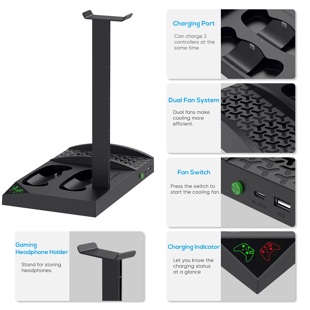 Supporto di raffreddamento compatibile con console Xbox Series S con stazione di ricarica per controller, doppia ventola di raffreddamento potente e dock di ricarica con 2 batterie ricaricabili da
