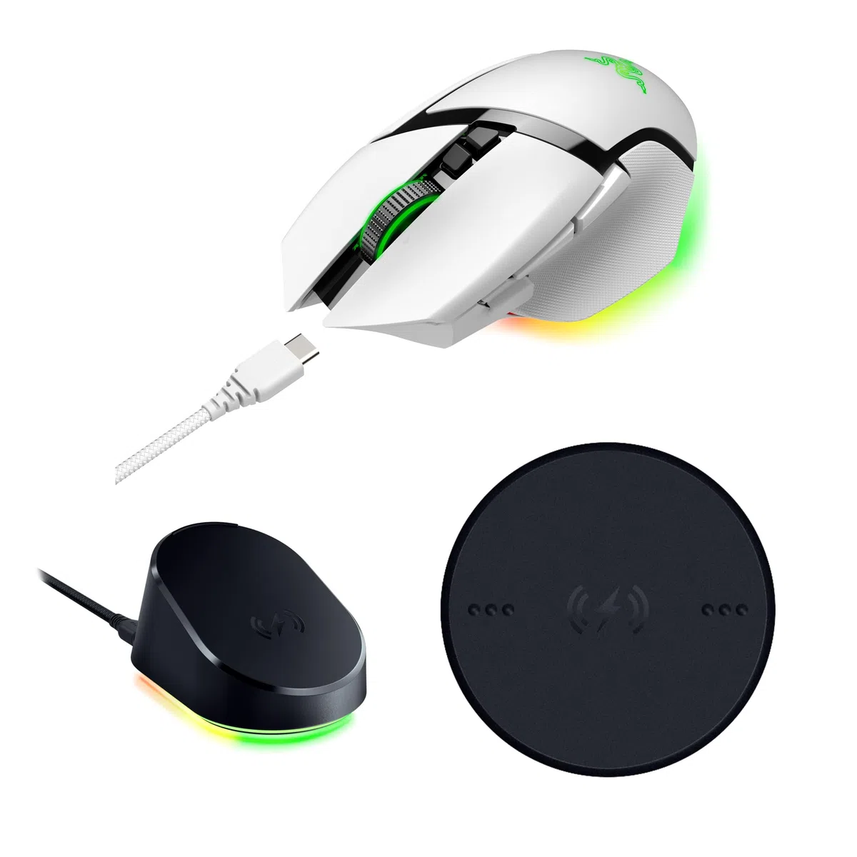 Razer Basilisk V3 Pro - White + Mouse Dock Pro + Wireless Charging Puck Bundle
