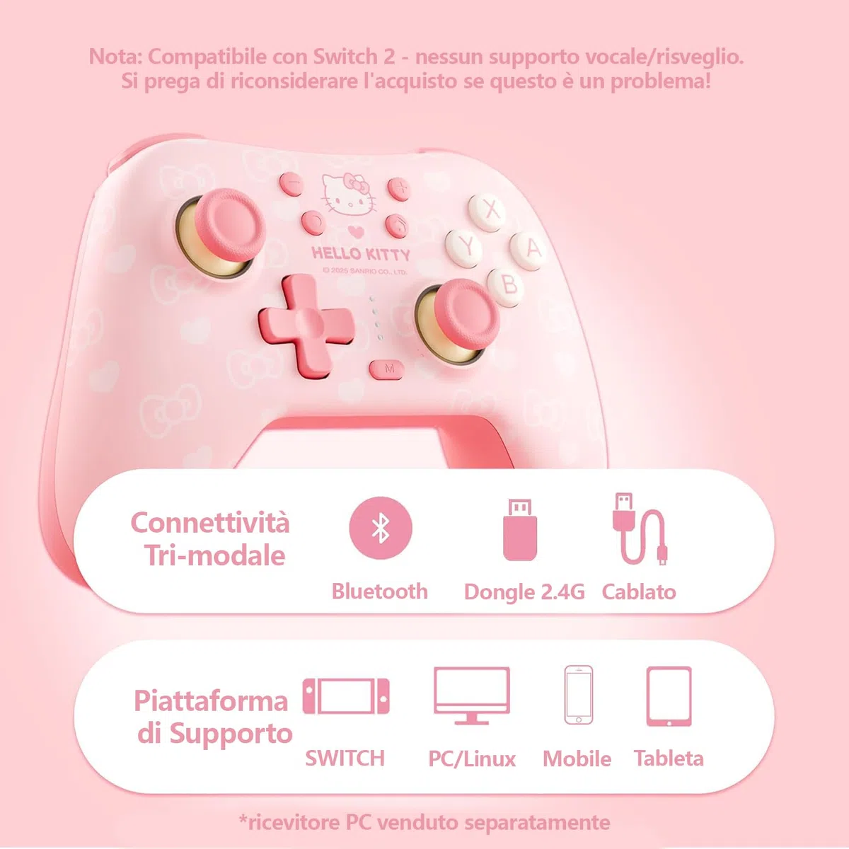 Kuitmor Controller PC Wireless– Joystick a Effetto Hall– 2.4G & Bluetooth & Cablato– Pulsanti Programmabili– 1000Hz– 1000 mAh– Turbo/Vibrazione/RGB Regolabili– per PC/Switch/iOS/Android/Linux– Rosa