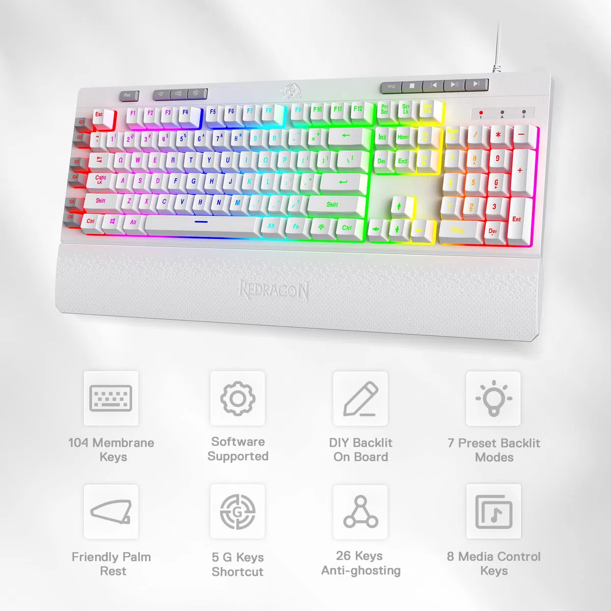 Redragon K512 Shiva - Tastiera da gioco a membrana bianca, illuminazione RGB, tasti G programmabili, controlli multi-media, poggiapolsi integrato, layout QWERTY,US LAYOUT