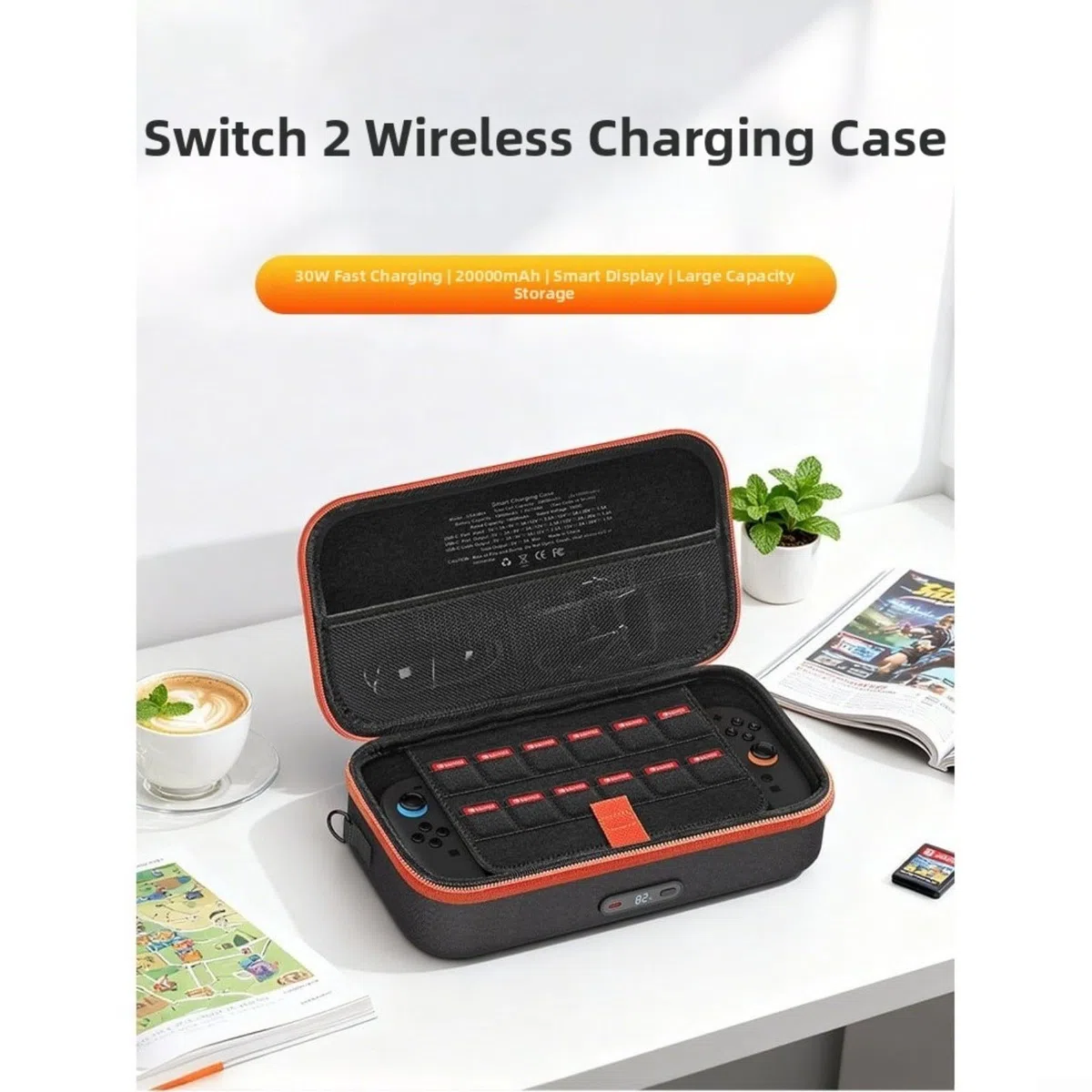 1 confezione di ricarica wireless Cas per interruttore 2, con batteria da 20000 mAh e ricarica rapida da 30 W, per display intelligente EVA Hard Shell organizzatore da viaggio per giocatori
