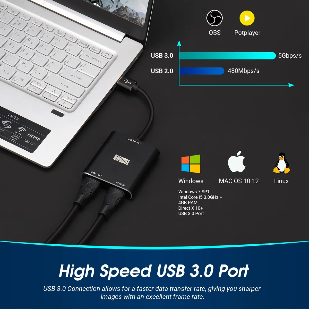August VGB500 HDMI Capture Card – USB 3.0 Full HD 1080p 60FPS – Perfetto per YouTube Twitch Mixer – Plug & Play – Cattura, registrazione e streaming PS4, Xbox One e Nintendo Switch per PC, Mac e Linux