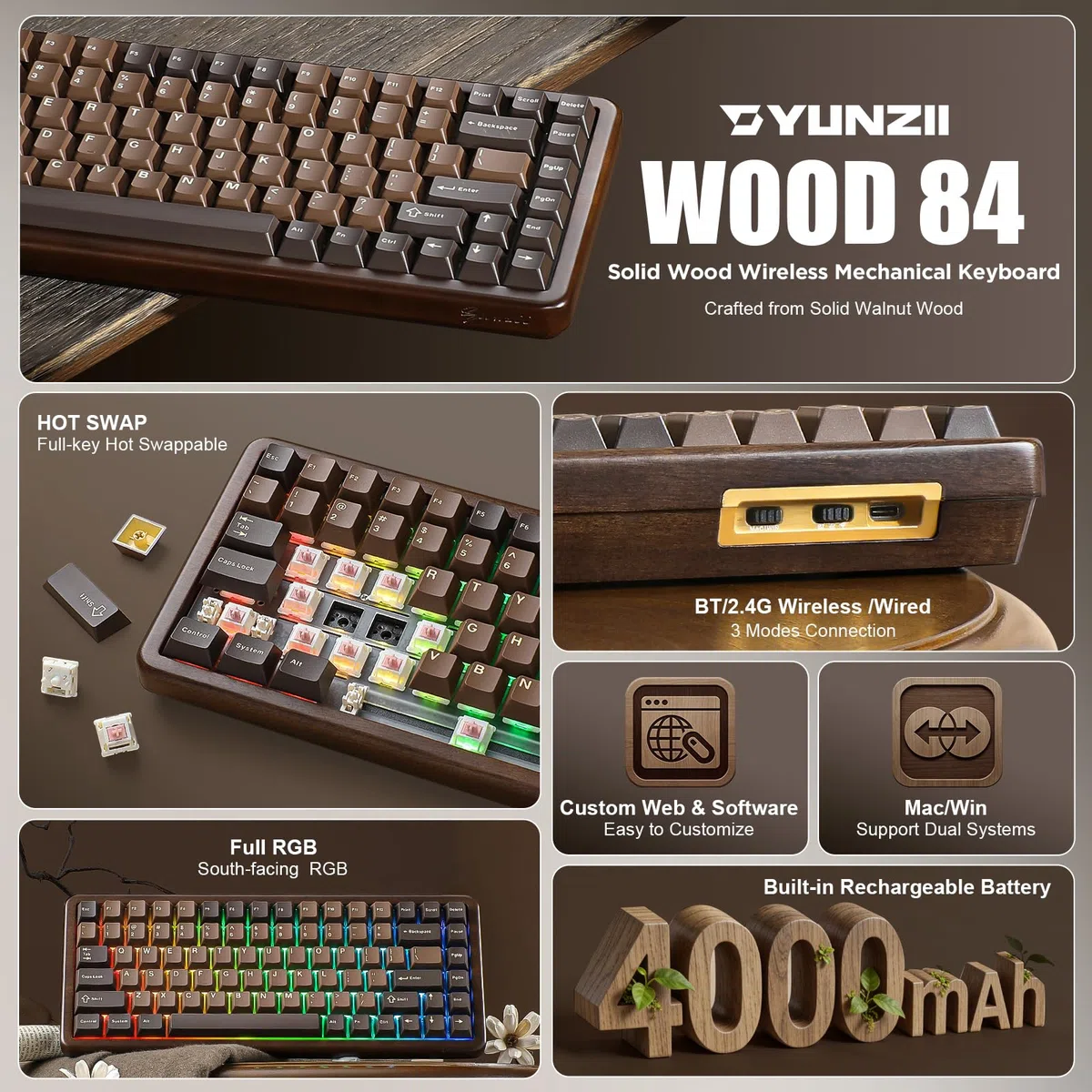 YUNZII WOOD84 Tastiera Meccanica Wireless Gaming 75% in Legno, Keyboard Bluetooth/2.4G/USB-C, Retroilluminazione RGB, Montaggio Tray, Hot-Swap con Tasti PBT per Mac/PC, QWERTY (Candy)