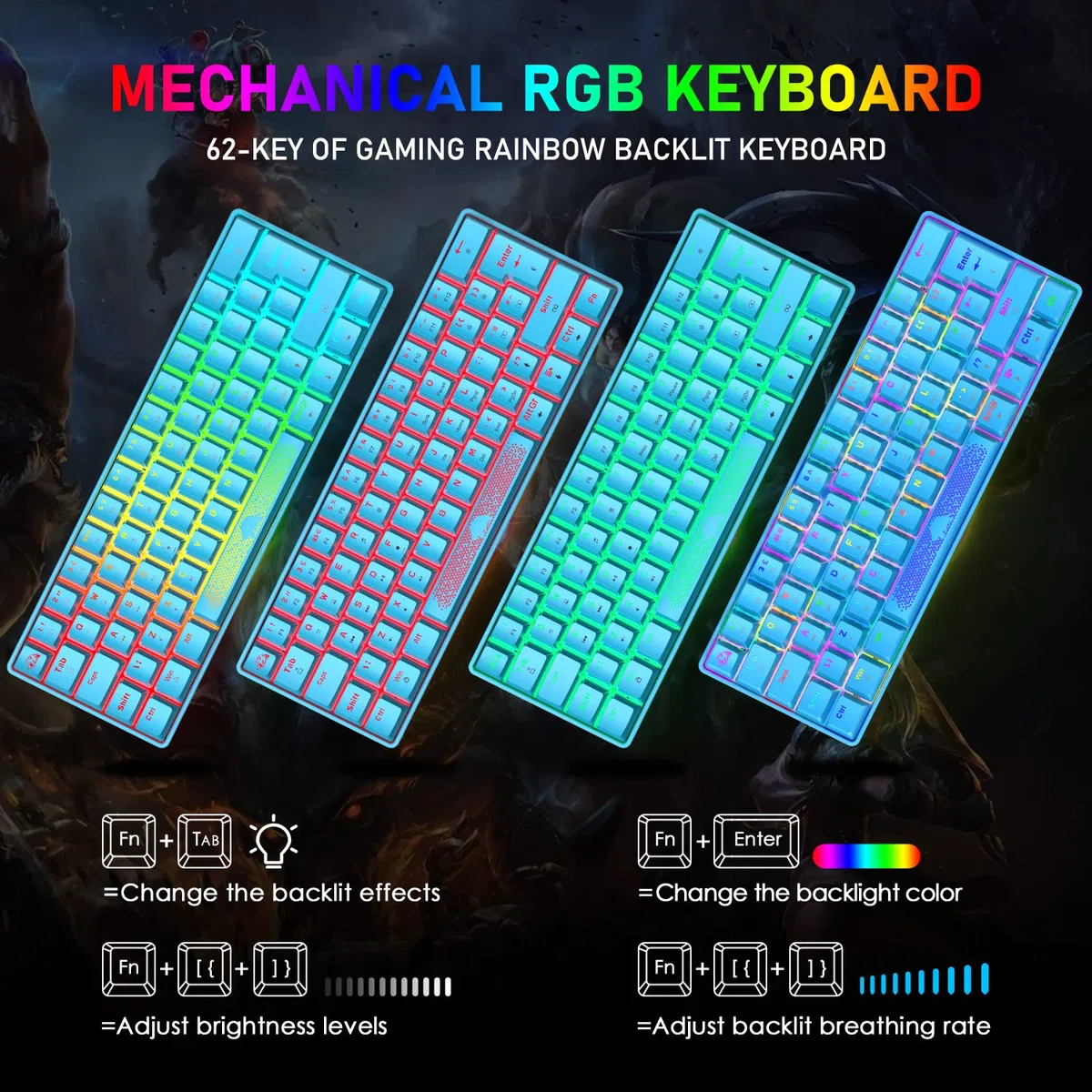 MAGIC-REFINER Tastiera Meccanica Switch Marrone 60% Compatto 62 Tasti USB C Wire RGB Retroilluminato Tastiere da gioco Ergonomica Rainbow LED Compatibile con PC, laptop, MAC - Blu/Interruttore Blu