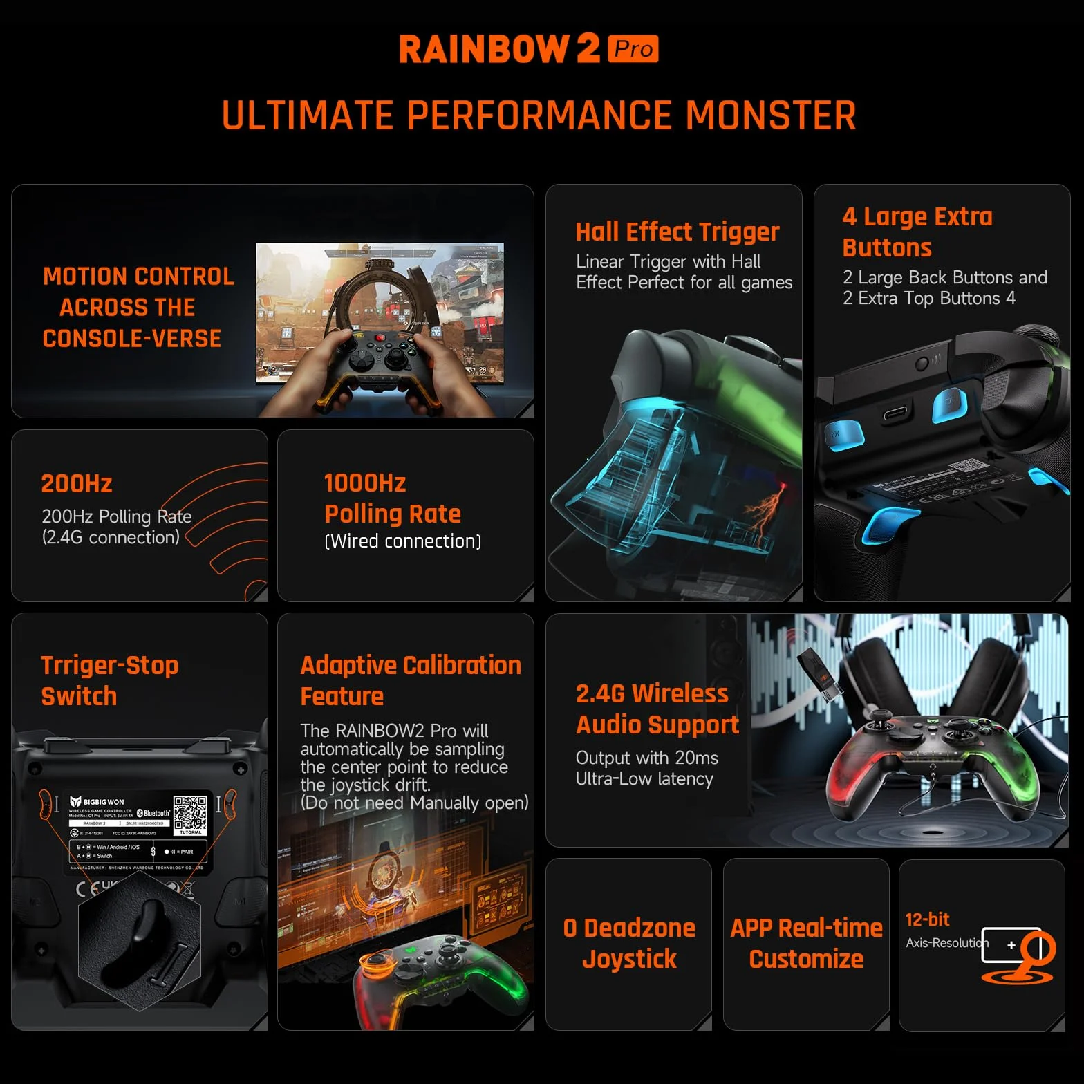 Controller wireless, BIGBIG WON Controller per PC Rainbow 2 Pro Giroscopio a 6 assi, Trigger effetto Hall, Joystick ALPS, 3.5mm Audio Gamepad per PC Windows/Android/iOS/Switch Pro Controller