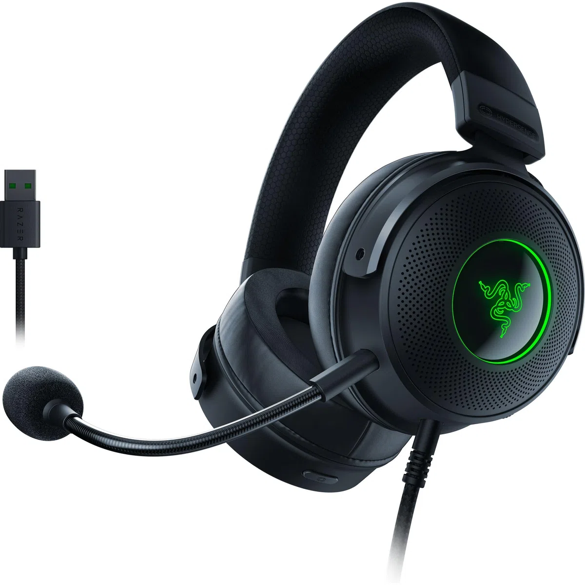 Razer Kraken V3 HyperSense Wired USB Gaming Headset w/Haptic Technology: driver Triforce Titanium 50mm - THX Spatial Audio - Tessuto ibrido e cuscinetti in memory foam in similpelle - Microfono
