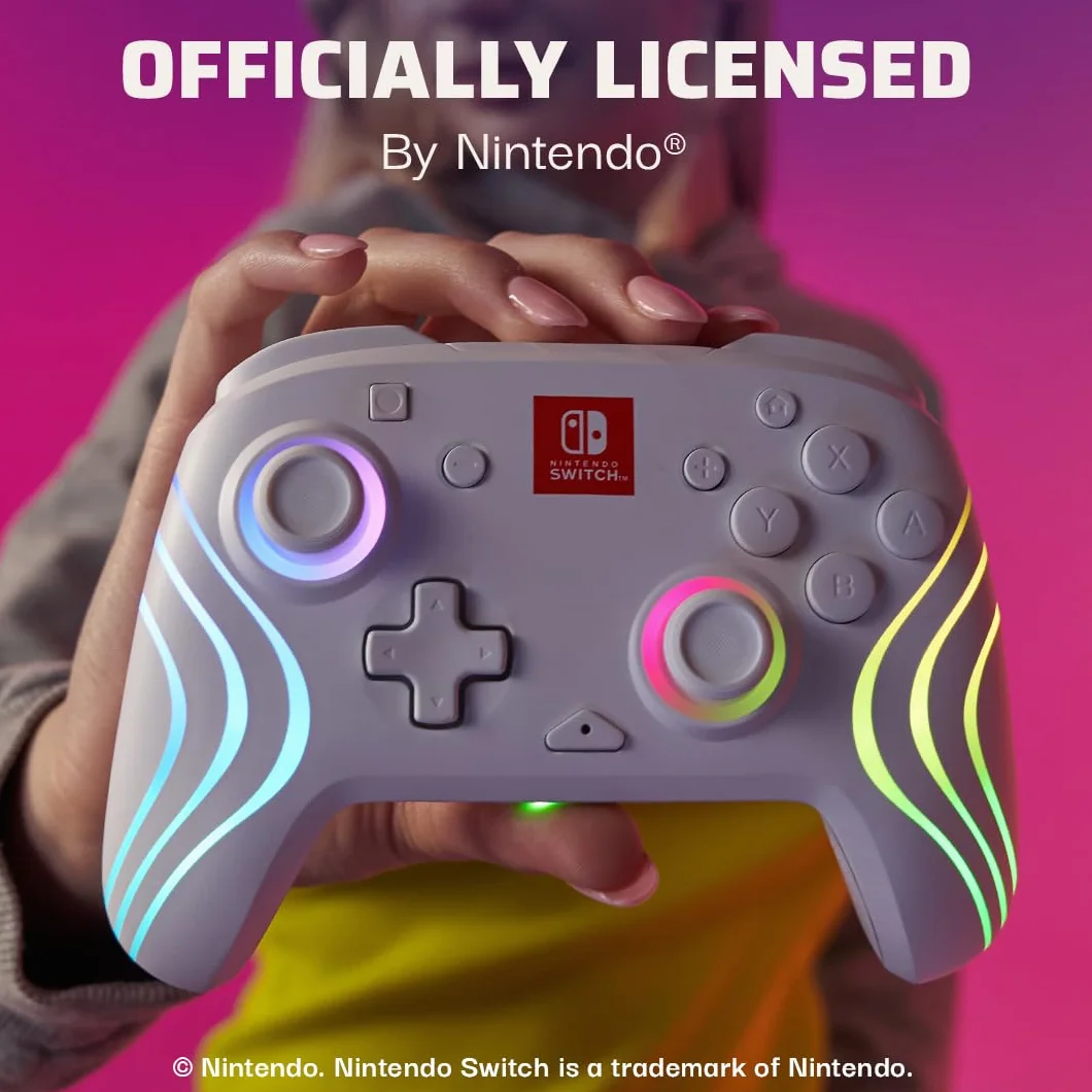 PDP Afterglow Wave Wireless Pro Controller with Full Motion for Nintendo Switch, Nintendo Switch - OLED Model, 8 RGB LED Lighting Zones, 30 Foot Range, 20 Hour Rechargeable Battery White