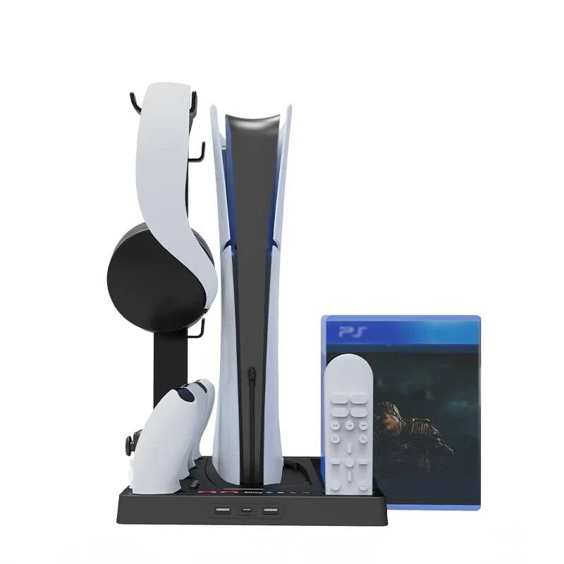 Base di raffreddamento della console per PS5/PS5 Slim, stazione di raffreddamento verticale con supporto per cuffie per il caricatore del controller e la memorizzazione del disco (Nero)