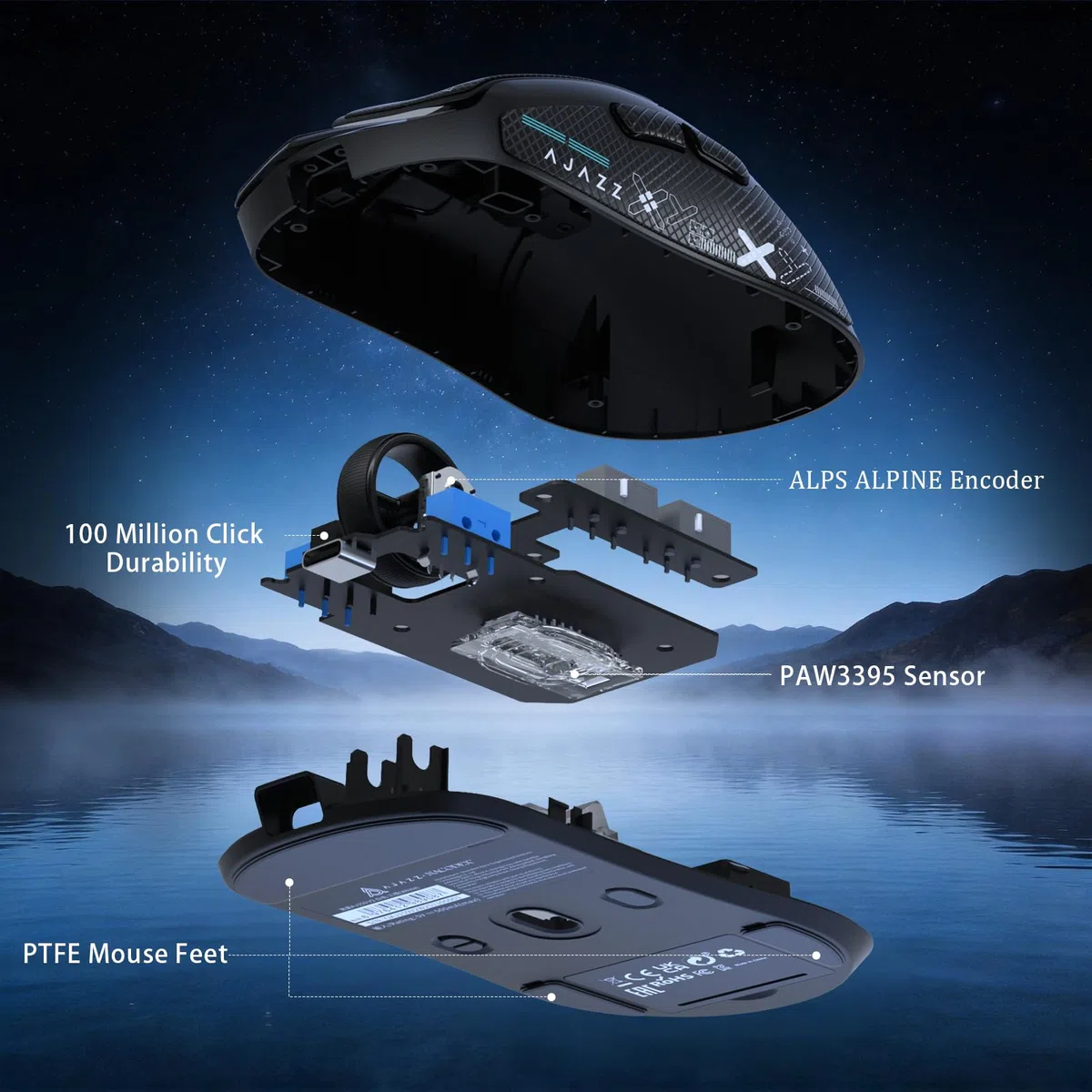 FREEWOLF X AJAZZ AJ159 V2 Ratón Gaming Inalámbrico, Batería Hot Swap, Triple Modo (2.4G/Bluetooth/Cableado), Sensor PAW3395, Ultraligero 54 g, Hasta 32000 DPI, Tasa de Sondeo 1000Hz (Nero-B)