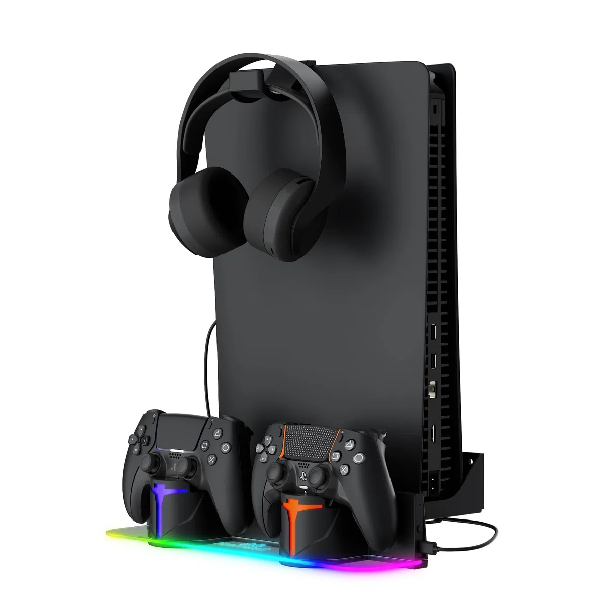 Hosanwell Kit di montaggio a parete per PS5 con stazione di ricarica, compatibile con PlayStation 5 e PS5 Slim e Pro, ricarica rapida 2 ore, stazione di ricarica a doppio uso con luce RGB