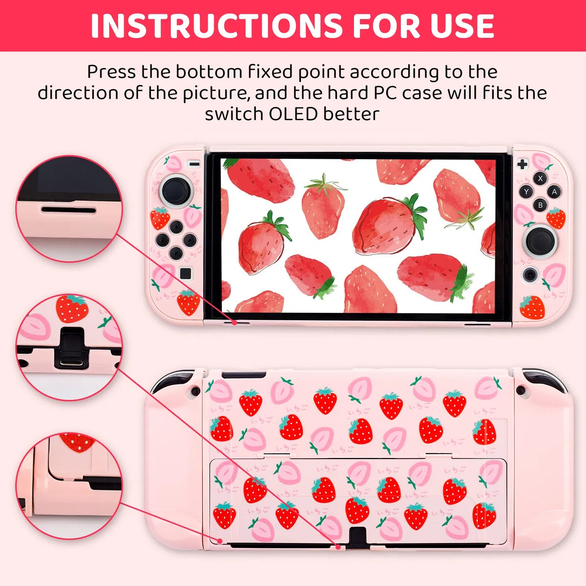 GLDRAM - Custodia da trasporto 6 in 1 per Nintendo Switch OLED, custodia da viaggio carina con cover rigida in PC rosa, pellicola protettiva in vetro, tappi per impugnatura per pollice, tracolla per