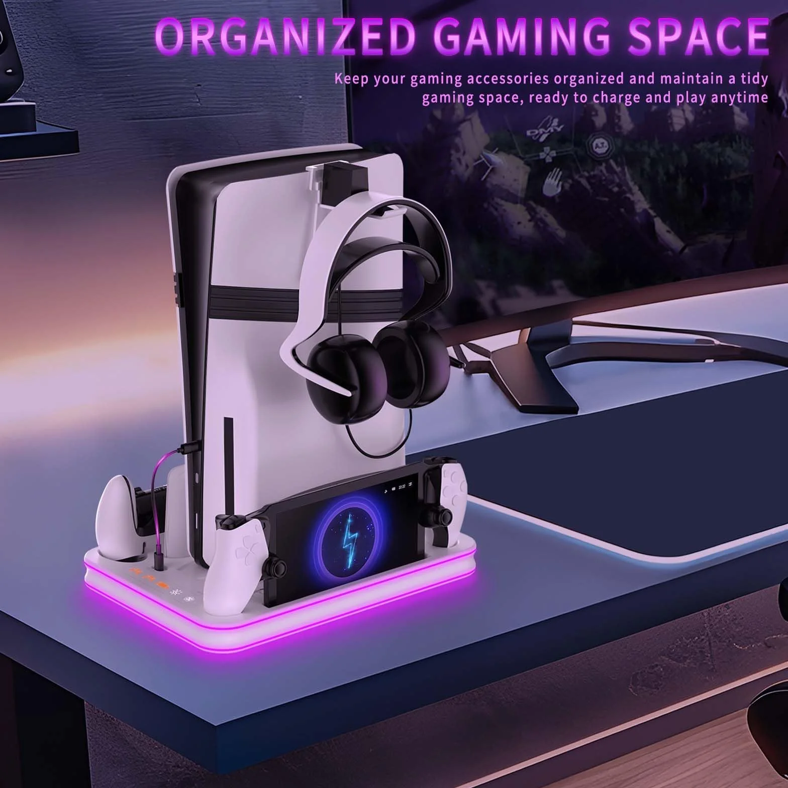 Supporto per PS5/Slim/Pro con Ventola di Raffreddamento Regolabile, Base di Ricarica Joystick per PS5 con RGB, Stazione di Raffreddamento Multifunzionale PS5 Slim con Caricabatterie