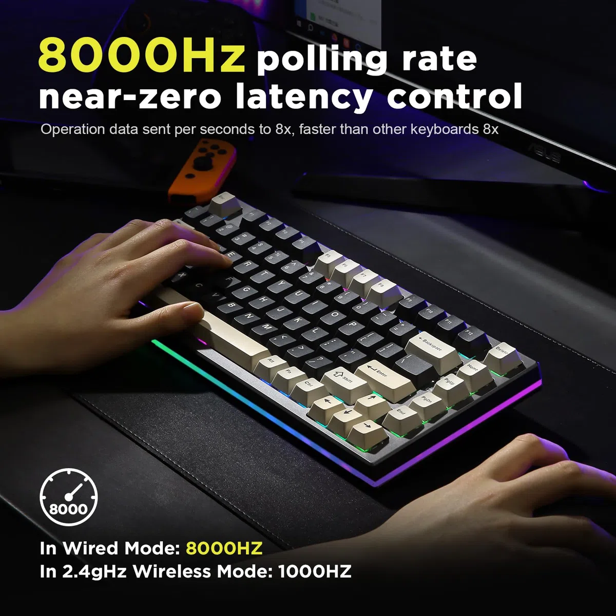 YUNZII RT80 Tastiera Gaming Wireless con Interruttore Magnetico Effetto Hall a innesco,82 tasti Bluetooth/2.4GHz/Wired RGB Tastiera,Guarnizione di Montaggio Tastiera meccanica (nero, gateron white)
