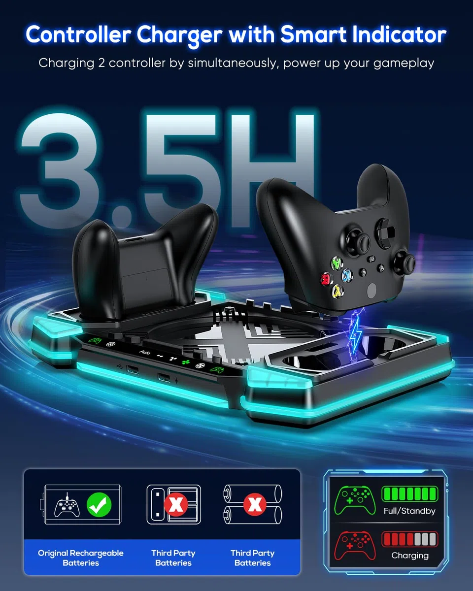 Sistema di raffreddamento automatico aggiornato e supporto di ricarica per console e controller Xbox Series X, accessori con 11 luci RGB e 2 batterie ricaricabili da 1400 mAh, supporto per cuffie e
