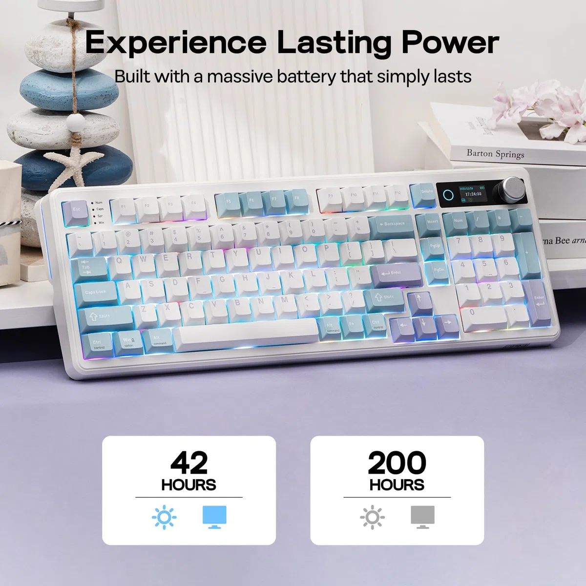 EPOMAKER TH99 PRO Tastiera Meccanica con Schermo e Manopola, 10000mAh, 2.4Ghz/BT,Hot Swap,Custom Driver,RGB Backlit,PBT Keycap,Gasket,Wireless Gaming Keyboard for PC/Mac (Bianco, Sea Salt Silent)