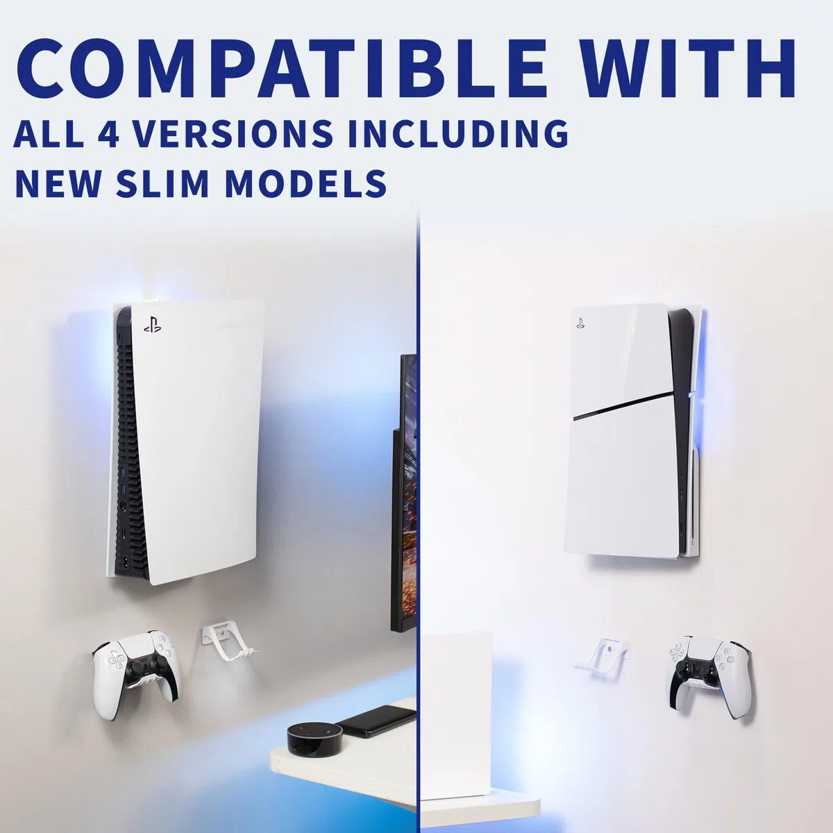 VIVO Staffa di montaggio a parete in acciaio progettata per console di gioco PS5, display verticale per Playstation 5, design aperto, 2 supporti per controller, bianco, MOUNT-PS5W
