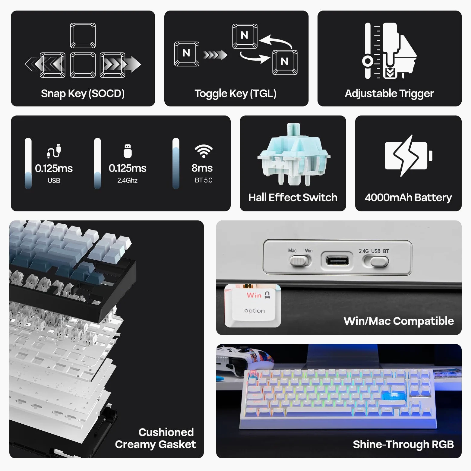EPOMAKER G84 HE Tastiera da Gioco Wireless, 8K Polling & 8000mAh, SOCD & DKS, Tastiera ad effetto Hall con Trigger & Adjustable Actuation, RGB Backlit, PBT Keycap, Hot-Swap, per WIN/Mac (Bianco)