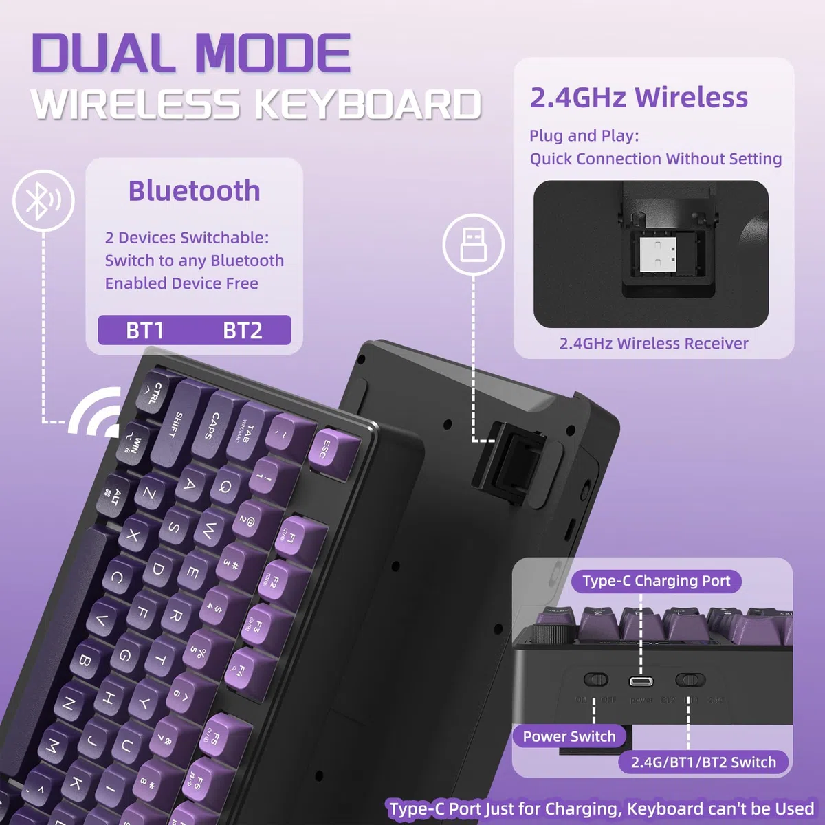 FREEWOLF M96 Tastiera Da Gioco Wireless, Controllo Tramite Manopola Bluetooth/Tastiera Meccanica Wireless 2.4G, Retroilluminazione a LED con Schermo, Copritasto PBT, 3000mAh, QWERTY - Sfumatura Viola