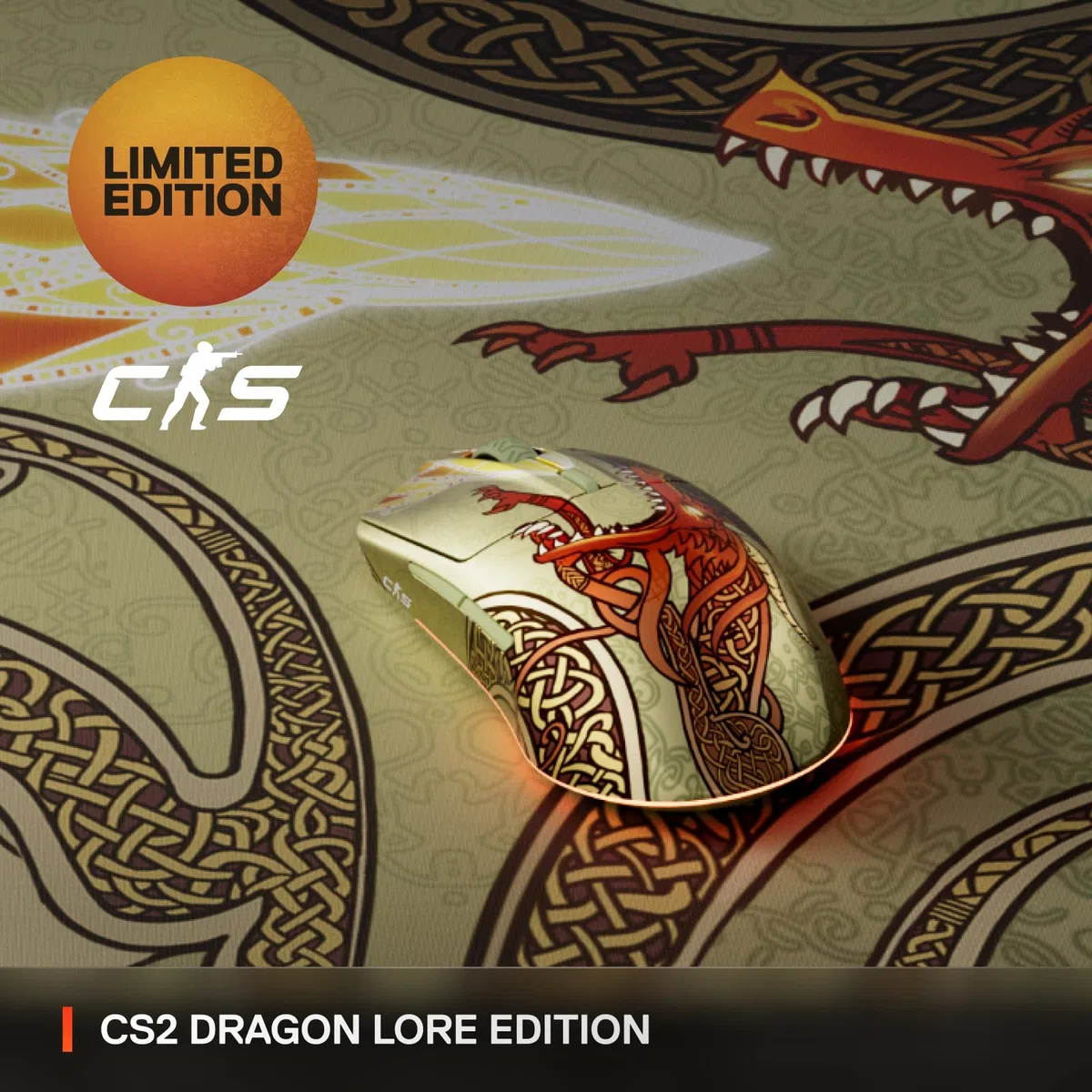 SteelSeries CS2 Dragon Lore Edition - Mouse da gaming wireless - Counter-Strike - 2,4GHz e Bluetooth - Sensore ottico TrueMove Air da 18K DPI - Batteria fino a 200 HR - 80M di clic garantiti