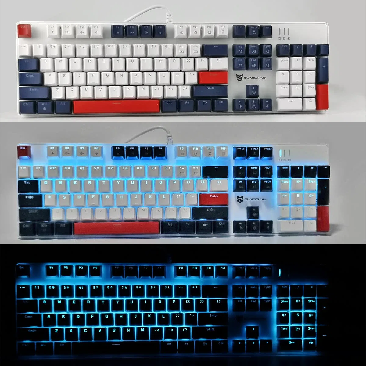 Qisan Tastiera meccanica da gioco, tastiera cablata, retroilluminazione a LED bianco/blu/rosso combo 104 tasti layout americano tastiera da gioco con rimovibile,interruttore blu