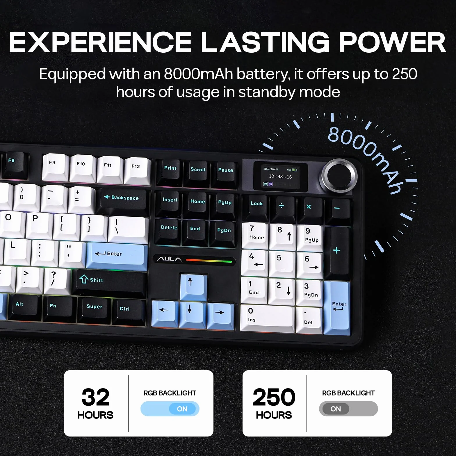 EPOMAKER X AULA F108 PRO Tastiera da Gioco Wireless con Schermo, Batteria da 8000mAh, 104 Tasti e Manopola Sostituibili a Caldo, RGB, per Mac/PC/Android, qwerty (NeroBiancoBlu, Reaper Switch)