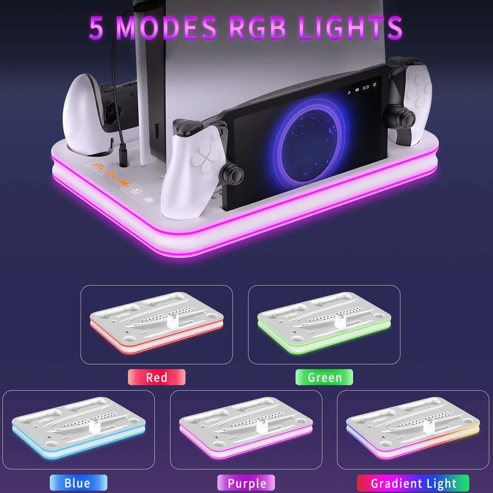 Supporto per PS5/Slim/Pro con Ventola di Raffreddamento Regolabile, Base di Ricarica Joystick per PS5 con RGB, Stazione di Raffreddamento Multifunzionale PS5 Slim con Caricabatterie