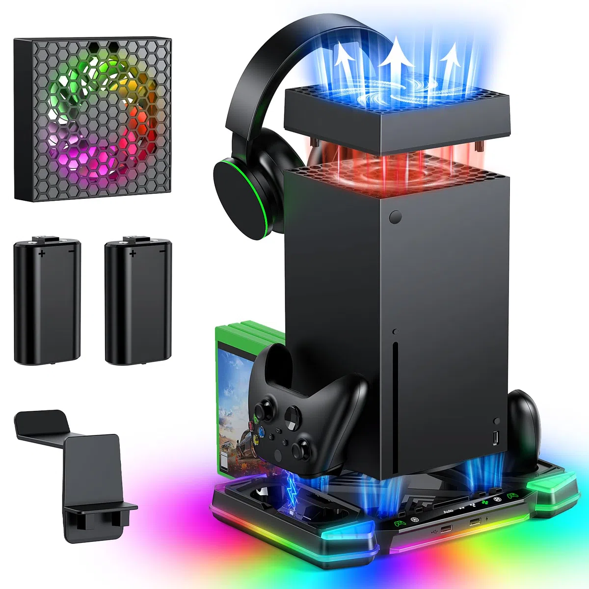 Sistema di raffreddamento automatico aggiornato e supporto di ricarica per console e controller Xbox Series X, accessori con 11 luci RGB e 2 batterie ricaricabili da 1400 mAh, supporto per cuffie e