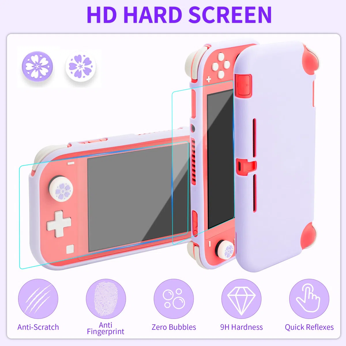 GLDRAM Custodia da trasporto per Nintendo Switch Lite, set di accessori con custodia da viaggio Sakura viola, custodia protettiva in morbido TPU, pellicola protettiva per schermo HD, 2 simpatiche