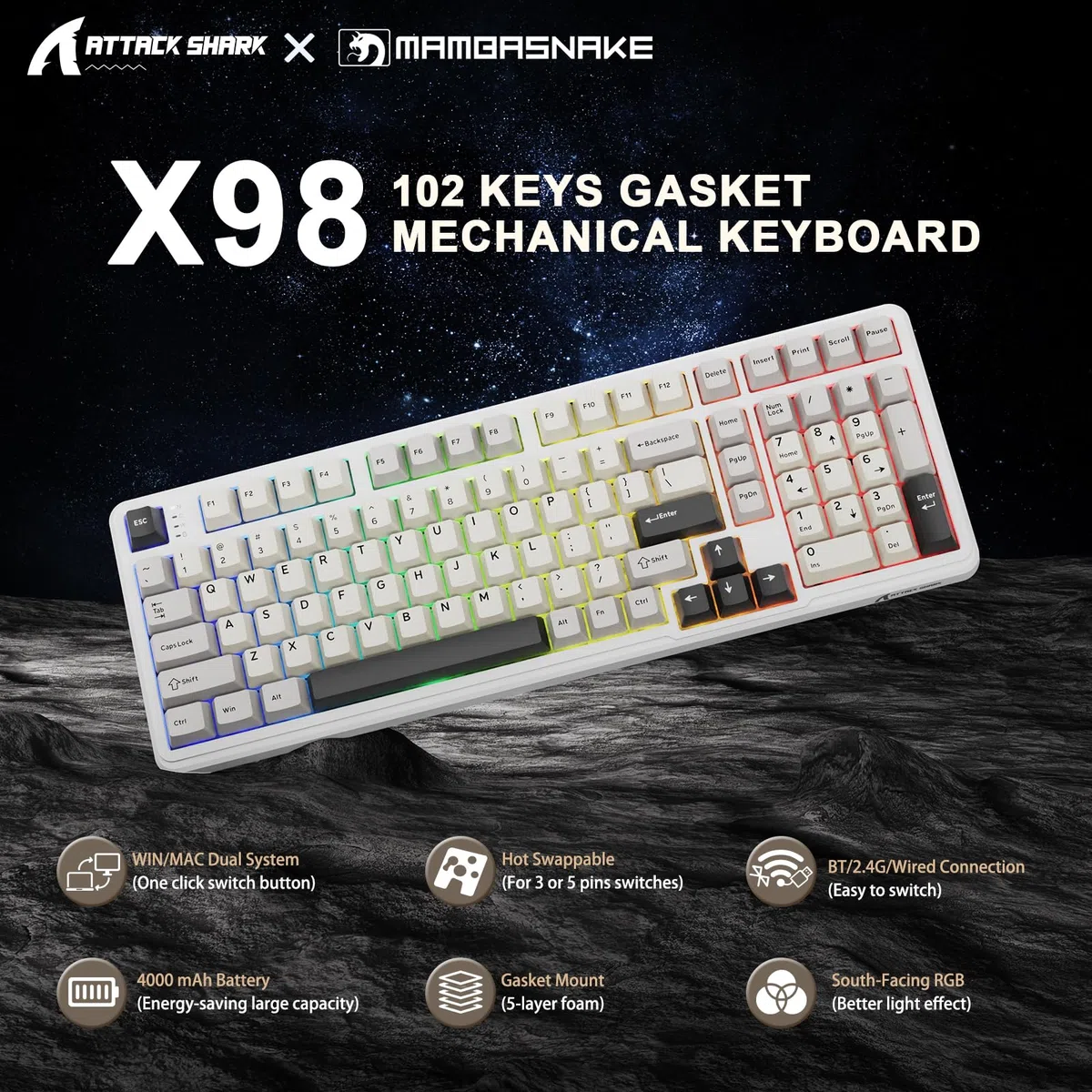 MAMBASNAKE x Attack Shark X98 Tastiera meccanica Gasket 102 tasti, tastiera da gioco wireless con cavo a spirale, Tri-Mode 2.4G/BT/USB-C, switch lineare hot-swap, RGB, NKRO per Win/Mac (bianca)