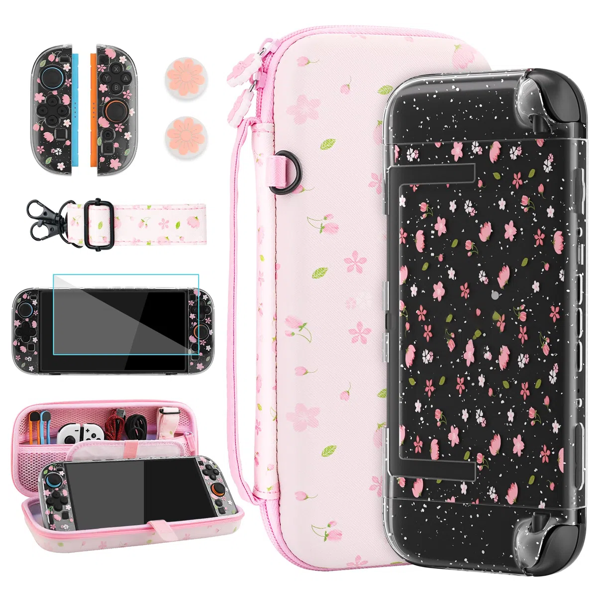 RHOTALL Custodia da trasporto rosa con fiori di ciliegio per Nintendo Switch 2, custodia protettiva da viaggio Sakura, custodia trasparente glitterata con fiore agganciabile per Switch 2, pellicola